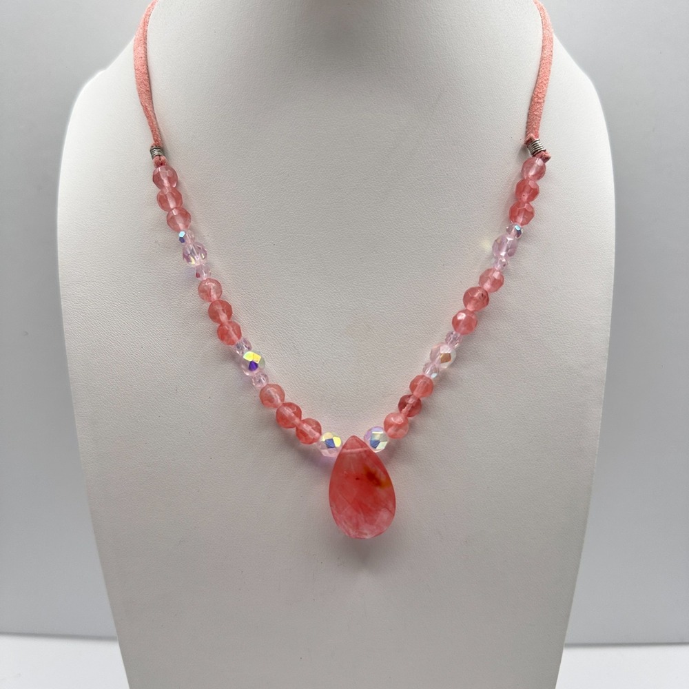 Vintage 90s Pink Strawberry Quartz Teardrop Pendant Beaded Choker Necklace